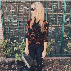 300 CABi Catherine Blouse Black Sheer Floral Ruffle Button Front Top Size Small